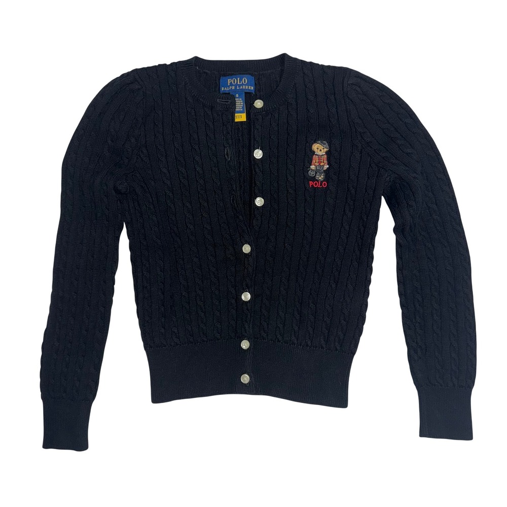Polo Ralph Lauren Kids Black Cable Knit Polo Bear Cardigan Sweater Size 6